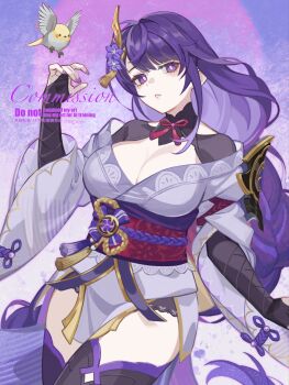 1girl armor bird blunt_bangs braid breasts bridal_gauntlets cleavage clothing_cutout commission genshin_impact hair_ornament head_tilt highres japanese_clothes kimono large_breasts light_blush lingerie long_braid long_hair looking_at_viewer mixed-language_commentary mole mole_under_eye multicolored_eyes multicolored_hair neck_ribbon off_shoulder parted_lips purple_eyes purple_hair purple_kimono purple_nails purple_thighhighs raiden_shogun red_ribbon red_sash ribbon sash shigemitsu_jun shoulder_armor shoulder_cutout single_braid solo streaked_hair thighhighs thighs underwear upper_body