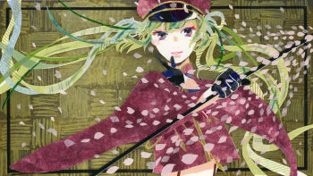 Rule 34 | 1girl, absurdres, black gloves, blue eyes, cherry blossoms, commentary request, finger gun, floating hair, furisode sleeves, gloves, gohei, green hair, hair ribbon, hat, hatsune miku, highres, holding, holding gohei, inset border, japanese clothes, long hair, long sleeves, masking tape (medium), military hat, oonusa, peaked cap, ribbon, ryono, senbonzakura (vocaloid), shirt, smile, solo, straight-on, suspenders, traditional media, twitter username, unconventional media, upper body, very long hair, vocaloid, wide sleeves