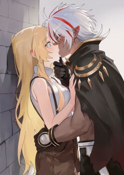 1boy 1girl absurdres albaz_(yu-gi-oh!) bare_shoulders black_cloak blonde_hair blush breasts cloak commentary commission dark-skinned_male dark_skin duel_monster ecclesia_(yu-gi-oh!) facial_mark fallen_of_albaz gloves grey_eyes hand_on_another's_chin hand_on_another's_hip hetero highres incredible_ecclesia_the_virtuous kiss long_hair multicolored_hair nbee_ya pointy_ears red_hair short_hair shorts sleeveless suspenders white_hair yu-gi-oh!