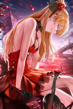 Rule 34 | 1girl, absurdres, armpit crease, backless dress, backless outfit, bare legs, bare shoulders, black choker, black gloves, blue eyes, bow, breasts, choker, cleavage, closed mouth, commentary, covered navel, cowboy shot, criss-cross halter, crossover, day, dilapidated, dress, dress bow, english commentary, flower, from side, gloves, goddess of victory: nikke, hair flower, hair ornament, half gloves, halter dress, halterneck, hand rest, highres, instrument, lcl, leaning forward, lens flare, light smile, long hair, looking at viewer, looking to the side, medium breasts, neon genesis evangelion, official alternate costume, orange hair, outdoors, red dress, red flower, red ocean, rose, sideboob, sitting, sky, sleeveless, sleeveless dress, solo, souryuu asuka langley, souryuu asuka langley (ocean's lament), sunlight, sweat, two side up, violin, waligner