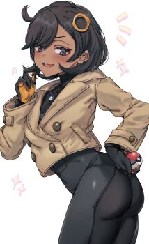 1girl ass black_bodysuit black_gloves black_hair blue_eyes blush bodysuit bodysuit_under_clothes breasts brown_jacket commentary_request dark-skinned_female dark_skin emma_(pokemon) gloves hair_ornament highres holding holding_poke_ball jacket kayanogura latex latex_bodysuit looking_at_viewer mega_stone multicolored_gloves nintendo open_mouth orange_gloves poke_ball poke_ball_(basic) pokemon pokemon_legends:_z-a short_hair simple_background smile solo two-tone_gloves white_background