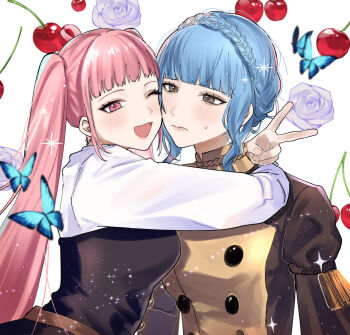 2girls blue_hair blush braid breasts brown_eyes bug butterfly cherry closed_mouth commentary_request crown_braid fire_emblem fire_emblem:_three_houses flower food fruit garreg_mach_monastery_uniform highres hilda_valentine_goneril hug insect long_hair long_sleeves marianne_von_edmund medium_breasts multiple_girls nintendo one_eye_closed open_mouth pink_eyes pink_hair short_hair smile tani11a twintails upper_body v