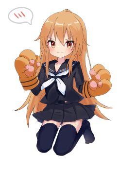 Rule 34 | 1girl, absurdres, aisaka taiga, animal hands, black serafuku, black skirt, black thighhighs, brown eyes, commentary request, full body, gloves, highres, hikero (1392388676), kneeling, long hair, neckerchief, paw gloves, school uniform, serafuku, skirt, spoken squiggle, squiggle, thighhighs, toradora!, white background, white neckerchief, zettai ryouiki