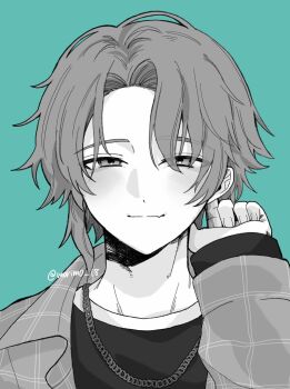 Rule 34 | 18trip, 1boy, adjusting hair, aqua background, artist name, chain, chain necklace, fang, fingernails, greyscale with colored background, hair over one eye, hand up, highres, jacket, jewelry, looking at viewer, male focus, morimo 18, nanamegi nanaki, necklace, plaid clothes, plaid jacket, portrait, shirt, short hair, skin fang, smile, solo, straight-on