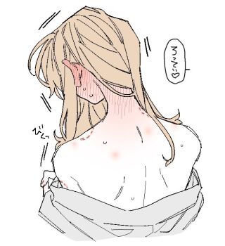 1girl bare_back bare_shoulders bite_mark blonde_hair blush dayama from_behind kaburaki_roco nijisanji solo sweat virtual_youtuber