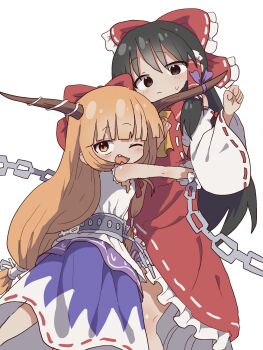 2girls :/ ;d ascot black_hair blue_skirt blunt_bangs blush bow brown_hair chain chest_sarashi commentary detached_sleeves dress fang feet_out_of_frame frilled_bow frilled_hair_tubes frills hair_bow hair_tubes hakurei_reimu highres horns hug ibuki_suika korean_commentary long_hair looking_at_viewer low-tied_long_hair magg_(user_mtca8588) multiple_girls one_eye_closed oni open_mouth red_bow red_dress sarashi shirt simple_background skirt sleeveless sleeveless_shirt smile straight_hair sweatdrop torn_clothes torn_shirt touhou very_long_hair white_background white_shirt yellow_ascot yuri