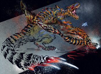 Rule 34 | absurdres, breath, calligraphy brush (medium), claws, commentary request, deadpool yuchan, dragon, full body, glowing, glowing eyes, highres, horns, monster, monster focus, monster hunter (series), no humans, nostrils, open mouth, partially colored, red eyes, roaring, scales, sharp teeth, signature, solo, spiked tail, tail, teeth, tigrex, veins, winged arms, wings, wyvern