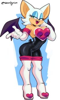 1girl 2022 animal_ears arched_back backless_outfit bat_girl bat_wings beckoning black_bodysuit blue_eyeshadow blush bodysuit boots border breasts cleavage collarbone commentary contrapposto covered_navel cropped_legs elbow_gloves english_commentary eyeshadow fangs female_focus from_side full_body furry furry_female gloves green_eyes half-closed_eyes hand_on_own_hip holding knee_boots large_breasts looking_at_viewer makeup open_mouth outside_border red_lips rouge_the_bat semlgrim short_hair sideboob sideways_glance simple_background smile sonic_(series) standing straight-on tail thick_thighs thighs white_fur white_gloves white_hair wings