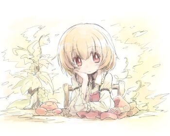 Rule 34 | 1girl, :3, acorn, aki minoriko, aki shizuha, aki shizuha (crab), arm rest, black ribbon, blonde hair, bright pupils, chair, choker, closed mouth, commentary request, crab, dot nose, elbow rest, frilled shirt collar, frilled sleeves, frills, hand on own cheek, hand on own face, hat, head rest, jpeg artifacts, light blush, light frown, long sleeves, looking at viewer, nekoguruma, on chair, outdoors, pale color, red eyes, ribbon, ribbon choker, short hair, sleeve garter, table, tareme, touhou, tree, unworn hat, unworn headwear, white pupils, wide sleeves, wooden chair, wooden table