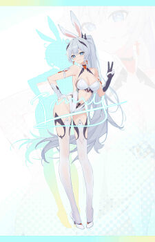 1girl absurdres adapted_costume animal_ears bare_shoulders blue_eyes breasts bright_pupils chinese_commentary cleavage commentary_request earrings fake_animal_ears feather_hair_ornament feathers full_body gloves hair_ornament hand_on_own_hip high_heels highres honkai_(series) honkai_impact_3rd jewelry kiana_kaslana kiana_kaslana_(herrscher_of_flamescion) large_breasts leaning_forward legwear_cutout leotard long_hair looking_at_viewer parted_lips playboy_bunny pmmg ponytail rabbit_ears shoes side_ahoge smile solo stomach thighhighs thighs very_long_hair white_gloves white_hair white_leotard white_pupils white_shoes white_thighhighs