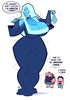 1girl 2boys absurdres afro alien alternate_breast_size_(larger) arm_behind_head biting_own_lip blue_choker blue_diamond_(steven_universe) blue_dress blue_hair blue_skin breasts choker cleavage clenched_hands colored_skin commentary diamond_(shape) dress english_commentary english_text frustrated full_body gem_(steven_universe) giant giantess goodbyellow greg_universe grin hands_up highres holding holding_unworn_clothes large_breasts long_hair long_sleeves low-cut multiple_boys pout raised_eyebrow shadow shorts signature smile solo_focus sparkle speech_bubble steven_quartz_universe steven_universe steven_universe_future tearing_up torn_clothes torn_shorts v-shaped_eyebrows wide_hips