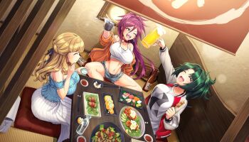 3girls alcohol ass ayato_utae bag beer blonde_hair blue_ribbon breasts chopsticks cleavage closed_eyes cup cushion dolphin_wave food from_above game_cg green_hair hair_ribbon handbag harunami_anri highres holding holding_cup indoors jacket kurenashi_yuuri large_breasts long_hair midriff multiple_girls navel non-web_source off_shoulder official_art ootomo_takuji open_fly orange_jacket panties purple_hair raglan_sleeves ribbon sake sharp_teeth shirt short_shorts shorts sitting table teeth underwear white_shirt zabuton