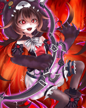 1girl absurdres bloomers bow bow_(weapon) brown_hair colored_inner_hair fangs grimms_notes hehh_3 highres holding holding_bow_(weapon) holding_weapon kurenai_no_execution_(grimms_notes) multicolored_hair red_background red_eyes red_hair shadow_red_rose_(grimms_notes) smile solo teeth underwear upper_teeth_only weapon white_bloomers