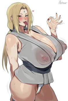 1girl absurdres armpit_stubble blonde_hair blush breasts brown_eyes cameltoe cleavage collarbone facial_mark fellatio_gesture female_pubic_hair forehead_mark from_side grey_kimono highres huge_breasts japanese_clothes kimono large_areolae looking_at_viewer mature_female motion_lines naruto_(series) orrrca1701 pubic_hair puffy_nipples pussy pussy_peek see-through_clothes shiny_skin solo sweat tongue tongue_out tsunade_(naruto) white_background