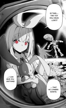 0_gundam 1girl absurdres bow closed_mouth clover_dot_(clov_erd) collared_shirt commentary dot_mouth earth_(planet) empty_eyes english_commentary english_text greyscale gundam gundam_00 hair_bow highres hugging_doll hugging_object long_hair looking_at_viewer monochrome on_moon original planet pov red_eyes ringed_eyes shirt short_sleeves skirt solo space speech_bubble spot_color stuffed_animal stuffed_rabbit stuffed_toy suspender_skirt suspenders tareme