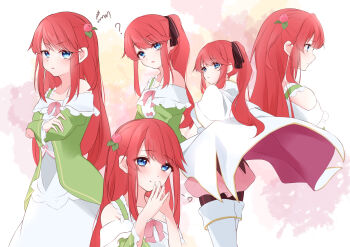 1girl :t ? absurdres bare_shoulders blue_eyes blush boots cape closed_mouth crossed_arms dress green_dress hair_ornament hair_ribbon heart highres long_hair long_sleeves looking_at_viewer looking_back multiple_views off_shoulder pantyhose pink_skirt ponytail pout rain_re_a re:zero_kara_hajimeru_isekai_seikatsu red_hair ribbon sidelocks skirt smile striped_clothes theresia_van_astrea thigh_boots thighhighs vertical-striped_clothes white_cape white_dress