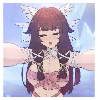 Rule 34 | 1girl, absurdres, blue background, border, breasts, cleavage, closed mouth, columbina (genshin impact), commentary, facing viewer, genshin impact, head wings, highres, large breasts, long hair, open mouth, pink ribbon, ribbon, solo, tongue, tongue out, upper body, valenthania, white border, white wings, wings