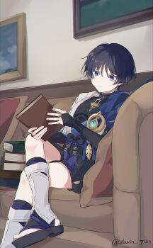1boy absurdres anemo_symbol_(genshin_impact) aqua_gemstone armor black_bodysuit black_bow black_bridal_gauntlets black_hair black_sandals black_shorts blue_cape blue_kimono blunt_ends bodysuit book book_stack bow bridal_gauntlets bridal_legwear bright_pupils cape closed_mouth couch crossed_legs expressionless eyeliner eyeshadow feathers fingernails gem genshin_impact gold gold_ring hakama hakama_shorts highres holding holding_book indoors japanese_armor japanese_clothes juban kimono kote kurokote leg_over_thigh leg_warmers looking_at_object makeup male_focus mandarin_collar middle_ring on_couch open_clothes open_hand open_kimono picture_frame pillow pleated_shorts pom_pom_(clothes) purple_eyes purple_rope purple_sash red_eyeliner red_eyeshadow rope sandals sash scaramouche_(genshin_impact) shorts shoulder_peek sitting solo stirrup_legwear toeless_legwear twitter_username wamin wanderer_(genshin_impact) white_kimono white_pupils wispy_bangs yellow_feathers zouri