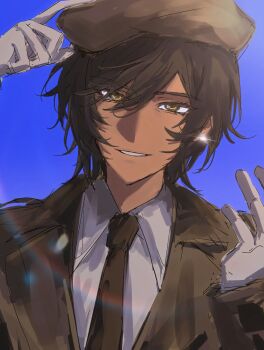 Rule 34 | 1girl, adjusting clothes, adjusting headwear, aysen, beret, blue background, brown coat, brown hair, brown necktie, coat, collared shirt, earrings, glint, gloves, hair between eyes, hand on headwear, hat, highres, jewelry, lapels, lens flare, limbus company, long sleeves, looking at viewer, necktie, notched lapels, official alternate costume, outis (project moon), parted lips, portrait, project moon, reverse trap, shirt, short hair, sidelighting, smile, solo, teeth, white gloves, white shirt, yellow eyes