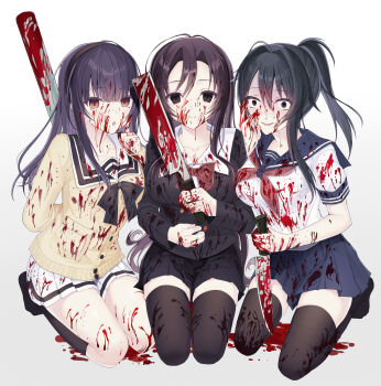 Rule 34 | 3girls, absurdres, ahoge, antenna hair, arms behind back, ayano aishi, baseball bat, black bow, black bowtie, black eyes, black hair, black jacket, black skirt, black socks, black thighhighs, black trim, blazer, blood, blood in hair, blood on clothes, blood on face, blood on ground, blood on hands, bloody knife, bloody weapon, blue sailor collar, blue skirt, blunt bangs, bow, bowtie, breasts, brown eyes, brown hairband, buttons, cardigan, clenched hand, closed mouth, clothes grab, constricted pupils, crazy eyes, crazy smile, crossover, double-parted bangs, empty eyes, excessive blood, expressionless, finger to cheek, forehead, full body, gradient background, grey background, hair between eyes, hair intakes, hairband, hand on own face, hand on own stomach, hand up, high ponytail, highres, holding, holding baseball bat, holding behind back, holding knife, holding weapon, holding weapon behind back, horror (theme), index finger raised, jacket, katsura kotonoha, kimi to kanojo to kanojo no koi., kitchen knife, kneehighs, knife, large breasts, light smile, long hair, long sidelocks, long sleeves, looking at viewer, miniskirt, multiple girls, nata (tool), neckerchief, no shoes, nyanp neko, parted lips, planted, planted knife, planted weapon, pleated skirt, ponytail, red bow, red bowtie, red neckerchief, reverse grip, sailor collar, sailor shirt, school days, school uniform, seiza, serafuku, shirt, short sleeves, sidelocks, simple background, sitting, skirt, skirt set, smile, socks, sone miyuki, straight hair, summer uniform, thighhighs, tiptoes, trait connection, weapon, white shirt, white skirt, winter uniform, yandere, yandere simulator, yellow cardigan, zettai ryouiki