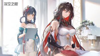 1other 2girls aether_gazer aqua_collar aqua_gloves aqua_sleeves bare_shoulders black_shorts black_sleeves braid breasts brown_hair character_request chinese_commentary cleavage clothing_cutout collar commentary_request detached_sleeves dress gloves hair_between_eyes hair_intakes hair_ornament highres holding holding_pencil holding_tablet_pc indoors infirmary large_breasts lingguang_(aether_gazer) long_hair long_sidelocks looking_at_another multiple_girls official_art official_wallpaper pencil red_eyes red_hair see-through_cleavage see-through_clothes shorts side_slit sidelocks tablet_pc underboob underboob_cutout very_long_hair white_dress white_sleeves wide_sleeves writing yellow_eyes