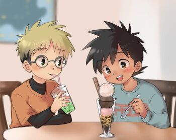 2boys bad_id bad_twitter_id black_hair blonde_hair blue_shirt blush chair commentary cup drinking drinking_glass drinking_straw food glasses holding holding_spoon ice_cream kimura_b looking_at_food male_focus multiple_boys open_mouth orange_shirt original shirt short_hair smile spoon sundae table tan