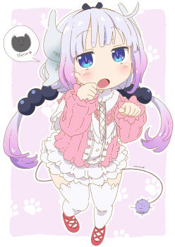 1girl beads blue_eyes blush border bow bow_hairband commentary dated dragon_horns dress english_text gradient_hair hair_beads hair_bow hair_ornament hairband highres horns kanna_kamui kobayashi-san_chi_no_maidragon long_hair looking_at_viewer multicolored_hair open_mouth outline paw_pose paw_print paw_print_background pink_dress pink_shoes purple_background purple_hair samansa_ex shoes solo speech_bubble sphere_hair_ornament standing symbol-only_commentary tail thighhighs tongue white_border white_outline white_thighhighs