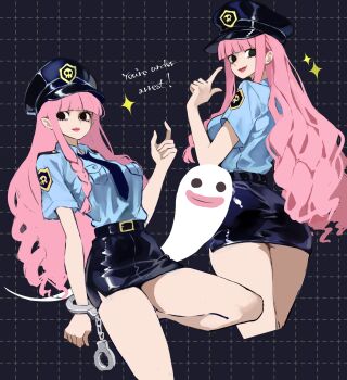 1girl alternate_costume bare_legs belt black_background black_eyes black_hat black_necktie black_skirt blue_shirt blunt_bangs breasts commentary_request cropped_legs cuffs dotted_line english_text finger_gun grid_background handcuffs hat highres hitodama kasumi_6 long_hair looking_at_viewer medium_breasts miniskirt multiple_views necktie no_pupils one_piece partial_commentary peaked_cap pencil_skirt perona pink_hair police police_hat police_uniform policewoman shirt shirt_tucked_in short_sleeves side_slit skirt smile sparkle underbutt very_long_hair
