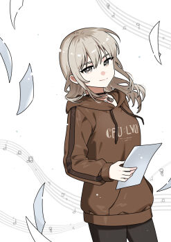 Rule 34 | 1girl, black choker, black pants, brown hoodie, choker, closed mouth, commentary, drawstring, falling paper, girls band cry, grey eyes, grey hair, habsida (habsida hpy), highres, holding, holding paper, hood, hoodie, kawaragi momoka, long hair, looking at viewer, multicolored hair, musical staff, pants, paper, roots (hair), smile, solo