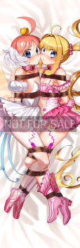a2_(agenta2) absurdres ahiru_(princess_tutu) ahoge arms_behind_back ballerina bdsm blonde_hair blue_eyes blush bondage boots bound bound_arms bound_legs bra breasts cheek-to-cheek commentary crying dress english_commentary gag heads_together highres linked_gag long_hair looking_at_viewer lying medium_breasts mermaid_melody_pichi_pichi_pitch nanami_lucia on_side orange_hair pink_boots pink_bra princess_tutu princess_tutu_(character) restrained see-through_clothes see-through_skirt shibari skirt strapless strapless_dress tears torn_clothes tutu twintails underwear very_long_hair white_dress