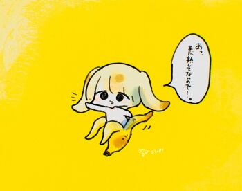 1girl banana banana_peel chibi chibi_only food fruit hand_up in_food long_hair looking_at_viewer open_mouth original pankichi_anko personification simple_background solo speech_bubble tareme twintails yellow_background