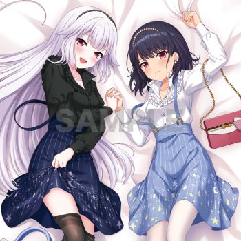 2girls alternative_girls bag bead_hairband bed_sheet black_hair black_pantyhose black_shirt blue_skirt blush breasts buttons cleavage clothes_lift collarbone cowboy_shot crescent_print dakimakura_(medium) dot_nose earrings frilled_shirt frills grey_hair hair_flaps handbag holding_hands jewelry long_hair long_sleeves looking_at_viewer multiple_girls official_art onitsuka_chiho open_mouth pantyhose pinstripe_pattern pinstripe_skirt print_skirt red_bag red_eyes sample_watermark second-party_source sheet_grab shirt short_hair siblings sisters skirt skirt_lift small_breasts smile star_(symbol) star_print strap_slip striped_clothes striped_skirt suspender_skirt suspenders usui_miyuki vertical-striped_clothes vertical-striped_skirt very_long_hair watermark white_pantyhose white_shirt