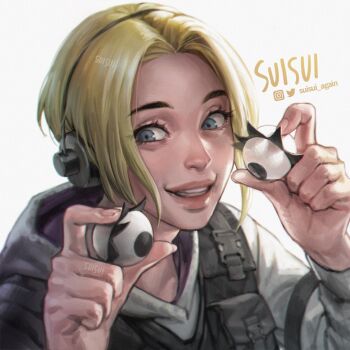 Rule 34 | 1girl, artist name, blonde hair, blue eyes, body armor, bulletproof vest, eyelashes, hands up, headphones, highres, holding, hood, hoodie, instagram logo, iq (rainbow six siege), looking at object, parted bangs, rainbow six siege, realistic, signature, simple background, smile, solo, solo focus, suisui again, tactical clothes, teeth, thick lips, twitter logo, twitter username, upper body, white hoodie