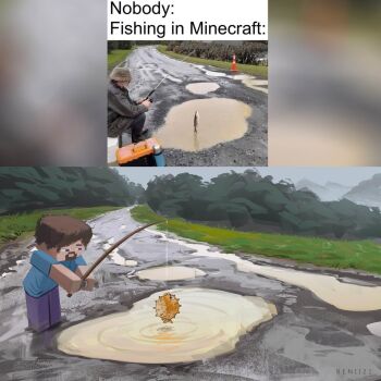 artist_name beard benii21 brown_hair facial_hair fishing fishing_rod highres holding holding_fishing_rod minecraft mud outdoors puddle pufferfish_(minecraft) reference_inset short_hair steve_(minecraft)