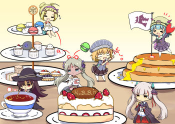 >_< +++ 6+girls :d =_= absurdres ahoge anger_vein bare_shoulders barefoot bindi black_cape black_dress black_hair black_skirt blonde_hair blue_eyes blue_hair blue_shirt blue_skirt blueberry blush bow brown_eyes brown_hair brown_skirt bungo_yayoi burger cake cake_slice cape chibi chibi_only closed_eyes closed_mouth coffee collared_shirt commentary_request cookie cup cupcake dark-skinned_female dark_skin donut dress eating facial_mark flag flower food forehead forehead_mark fruit goggles goggles_on_headwear grey_hair hair_between_eyes hair_bun hair_flower hair_ornament hairband hat heaven_burns_red helmet highres holding holding_cup holding_flag holding_food holding_plate holding_saucer horns jacket jam long_hair long_sleeves macaron maruyama_kanata multiple_girls newsboy_cap no_shoes notice_lines off_shoulder ooshima_yotsuha open_clothes open_mouth pancake pancake_stack pantyhose parted_bangs pastry plate pleated_skirt puffy_long_sleeves puffy_short_sleeves puffy_sleeves purple_bow purple_cape purple_skirt red_eyes sailor_collar saucer school_uniform sekibaracheice shirt short_hair short_sleeves single_hair_bun sitting skirt sleeves_past_wrists smile staff standing standing_on_one_leg strawberry strawberry_shortcake striped_clothes striped_headwear sugawara_chie sweets syrup tea teacup teapot tenne_miko thighhighs tiered_tray twintails v-shaped_eyebrows vertical-striped_clothes very_long_hair vritika_balakrishnan white_dress white_sailor_collar white_shirt white_skirt wide_sleeves witch_hat xd yellow_eyes