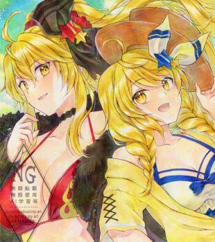 Rule 34 | 2girls, adversarial noise, alternate costume, alternate hairstyle, alternate headwear, alto2019, bikini, black bow, black choker, black coat, bow, breasts, brown hat, choker, cleavage, coat, collarbone, commentary request, dual persona, hair bow, hair ornament, hat, highres, holding, holding unworn clothes, holding unworn hat, kirisame marisa, kirisame marisa (magician on vacation), kirisame marisa (witch of scarlet dreams), kirisame marisa (witch of scarlet dreams on vacation), long sleeves, multiple girls, open clothes, open coat, open mouth, red bikini, sample watermark, shirt, signature, smile, star (symbol), star hair ornament, swimsuit, touhou, touhou lostword, unworn hat, unworn headwear, watermark, watermark grid, white bikini, yellow eyes, yellow shirt