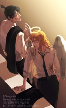 2boys absurdres angel angel_devil_(chainsaw_man) angel_wings belt black_belt black_hair black_necktie black_pants blood blood_on_clothes blood_on_face bluesky_username chainsaw_man collared_shirt commentary dirty dirty_clothes earrings english_commentary hair_between_eyes halo hayakawa_aki highres holding_unworn_jacket jacket jewelry lips long_hair male_focus multiple_boys necktie pants seagnalis shirt shirt_tucked_in short_hair standing suit_jacket topknot traditional_halo twitter_username unworn_jacket white_shirt white_wings wings