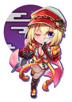 1girl armor artist_name black_gloves blonde_hair blue_eyes blush breasts chibi cleavage clock_hat_ornament closed_mouth commentary_request dagger dated egasumi fishnet_pantyhose fishnets full_body geta gloves hat hat_ornament holding holding_dagger holding_knife holding_weapon japanese_armor knife kunai large_breasts looking_at_viewer oboro_(ragnarok_online) one_eye_closed pantyhose peaked_cap ragnarok_online red_hat rope shimenawa short_hair shoulder_armor signature smile socks sode solo standing standing_on_one_leg takaha_momo vambraces weapon white_background white_socks