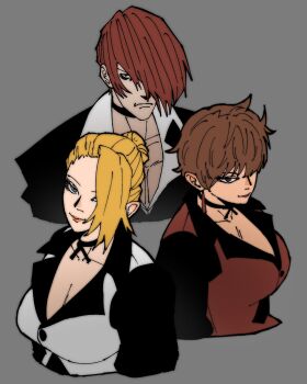 2girls bentaecool blonde_hair blue_eyes breasts brown_eyes brown_hair cleavage female_focus formal_clothes hair_bun highres huge_breasts iori_yagami large_breasts long_hair looking_at_viewer mature_(kof) medium_hair multiple_girls pale_skin short_hair smile smiley_face suit taedaartist the_king_of_fighters vice_(kof) yagami_iori