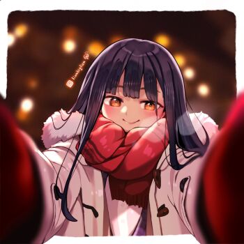 1girl black_hair blush boku_no_kokoro_no_yabai_yatsu border brown_eyes christmas_lights fur-trimmed_jacket fur_trim highres jacket lianbiglian long_hair looking_at_viewer meme mittens pov_cheek_warming_(meme) reaching reaching_towards_viewer red_scarf scarf smile solo white_border yamada_anna