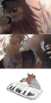 2girls :d animalization arm_up bass_guitar black_vest brown_hair collared_shirt dog eyes_visible_through_eyewear grey_hair hair_bun hands_up highres holding holding_bass_guitar holding_instrument holding_microphone instrument jacket keyboard_(instrument) microphone multiple_girls music open_mouth polka_dot_neckerchief red_jacket regulus_(reverse:1999) reverse:1999 shirt short_hair singing single_side_bun smile sonetto_(reverse:1999) sunglasses vertin_(reverse:1999) vest white_shirt wilson_(wilson1151487) yellow_eyes