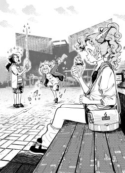 3girls :o absurdres ahoge awestruck bag bow braid building cardigan commentary_request converse curly_hair dithering dress eudetenis floral_print floral_print_shorts greyscale hair_bow highres holding holding_ice_cream_cone hood hooded_jacket horns ice_cream_cone imminent_eating jacket leg_warmers long_hair long_sleeves monochrome multiple_girls on_bench open_cardigan open_clothes open_jacket open_mouth open_shirt original outdoors pointy_ears ponytail print_shorts rectangular_mouth sandals sanpaku shirt short_dress short_shorts short_sleeves shorts shoulder_bag single_braid sitting sleeveless sleeveless_dress slice_of_life sparkle spilling standing striped_clothes striped_shirt surprised sweatdrop tongue tongue_out tripping v-shaped_eyebrows