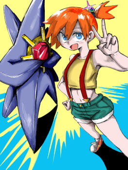 1girl :d aqua_shorts bare_arms bare_shoulders blue_background blue_eyes blush breasts crop_top denim denim_shorts gem gen_1_pokemon green_shorts hair_between_eyes hand_on_own_hip hand_up looking_at_viewer mega_starmie midriff misty_(pokemon) navel nintendo open_mouth orange_hair pokemon pokemon_(anime) pokemon_(classic_anime) pokemon_(creature) pokemon_rgby ponytail shirt shoes short_hair short_shorts shorts side_ponytail sleeveless sleeveless_shirt smile sneakers sparkle standing starmie suspender_shorts suspenders two-tone_background v yellow_shirt