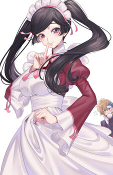 1boy 1girl a_zaka0703 apron ash_phoenix black_hair breasts code_geass code_geass:_dakkan_no_roze dress highres large_breasts long_hair maid_apron maid_headdress purple_eyes sumeragi_sakuya twintails