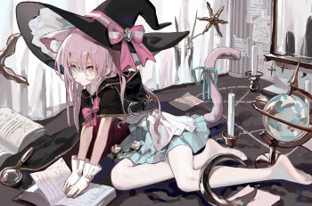 1girl absurdres animal_ears black_cape black_hat blue_eyes blue_skirt book cape cat_ears cat_girl cat_tail chinese_commentary closed_mouth commentary_request curtains gloves hat heterochromia highres indoors kele_mimi magnifying_glass miniskirt no_shoes original pantyhose pink_hair pleated_skirt skirt soles solo tail toes white_gloves white_pantyhose witch_hat yellow_eyes