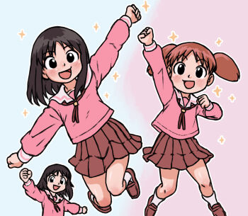 Rule 34 | 3girls, abstract background, azumanga daiou, beachepisode, blush, highres, kasuga ayumu, mihama chiyo, multiple girls, pink shirt, pleated skirt, school uniform, serafuku, shirt, skirt, sparkle, twintails