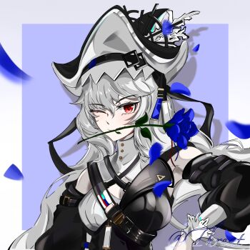 1girl absurdres arknights black_hat blue_flower blue_rose border chinese_commentary commentary drop_shadow english_commentary falling_petals flower grey_hair grey_hat hair_between_eyes hat highres long_hair long_sleeves looking_at_viewer mixed-language_commentary mouth_hold one_eye_closed outside_border petals purple_background red_eyes rose solo specter_(arknights) specter_the_unchained_(arknights) strap threat_(pixiv58804205) two-sided_fabric two-sided_headwear upper_body watermark