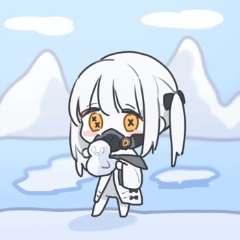 1girl animated animated_gif arctic_(geography) baby_animal bird blue_archive colored_skin duck duckling ein_(blue_archive) ice looping_animation mask respirator snow snow_duck solo tamago_bororo white_hair white_skin yellow_eyes