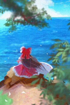 1girl blue_sky blurry bow brown_hair cloud commentary day depth_of_field detached_sleeves facing_away frilled_skirt frills from_behind hair_bow hakurei_reimu highres long_hair ocean outdoors red_bow red_skirt reina_(reina017_illust) ribbon-trimmed_skirt ribbon-trimmed_sleeves ribbon_trim skirt skirt_set sky solo touhou very_long_hair