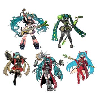 5girls :d ;d absurdres adepta_sororitas adeptus_astartes adeptus_mechanicus aqua_eyes aqua_hair arm_up armor armpits bolter chaos_space_marine closed_mouth commentary eldar emperor's_children english_commentary fleur-de-lis full_body guitar gun hatsune_miku highres holding holding_guitar holding_gun holding_instrument holding_microphone holding_microphone_stand holding_staff holding_weapon instrument kabewski long_hair looking_at_viewer microphone microphone_stand miku_day multiple_girls multiple_persona necron one_eye_closed open_mouth red_robe robe servo-skull simple_background smile staff tareme twintails very_long_hair vocaloid warhammer_40k weapon white_background